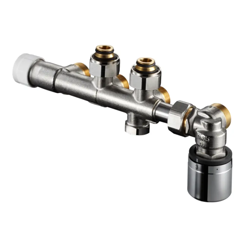 Oventrop Anschlussarmatur mit mehreren Anschlüssen, aus Metall, mit Gewinden und einer kugelähnlichen Verbindung, zeigt eine klare Funktionalität für Heizungsinstallationen.